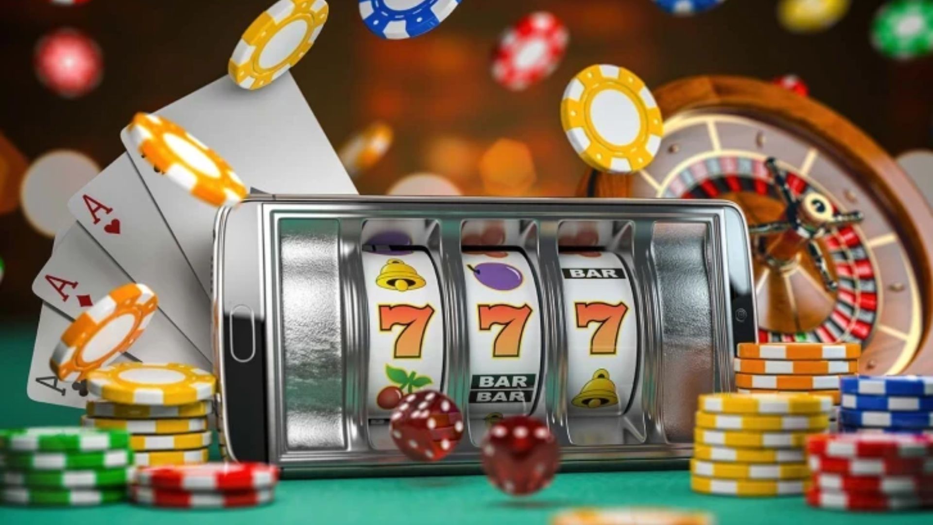 Casino Chips and A Smart Phone Showing Casino Games 